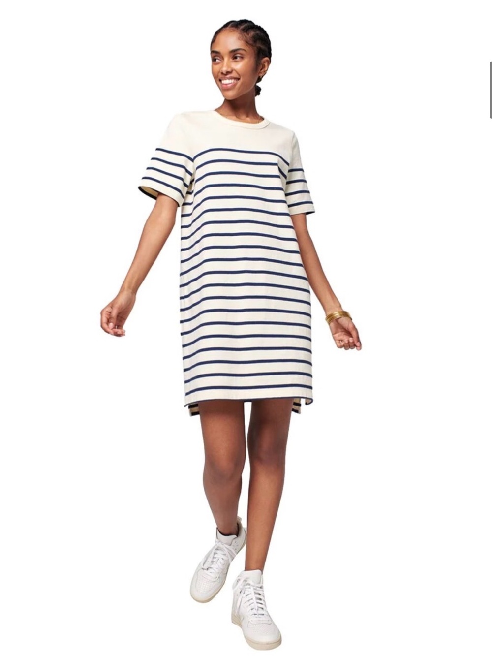 Faherty Striped Knit T-Shirt Dress Cream Navy Blue Short Sleeve Size L